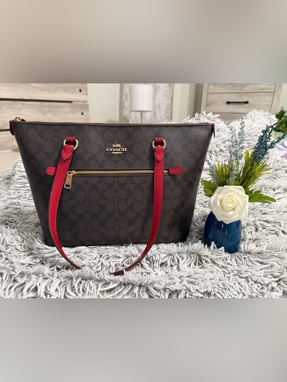Coach Brown Signature Tote with pinkStraps